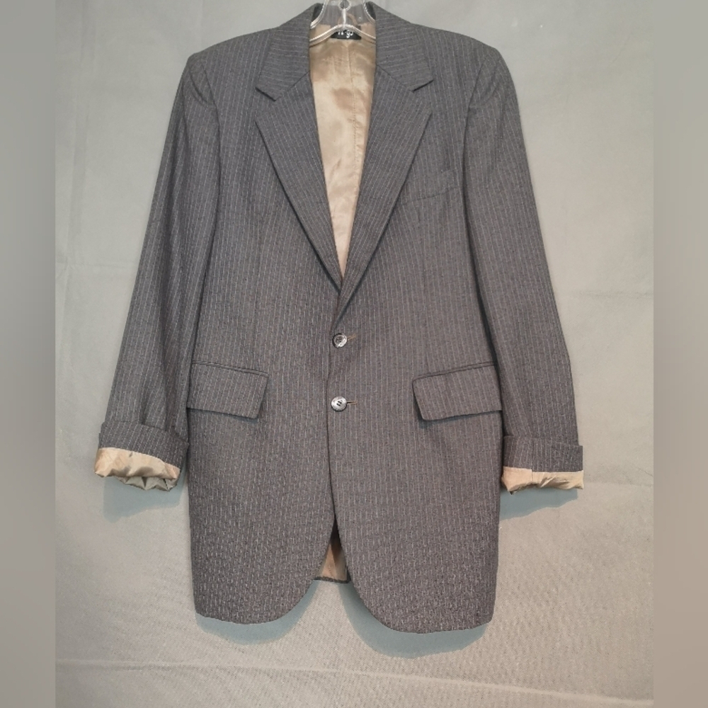 Y2k Vintage Oversized Classic Tailored Grey Pinstripe Wool Blazer Jacket